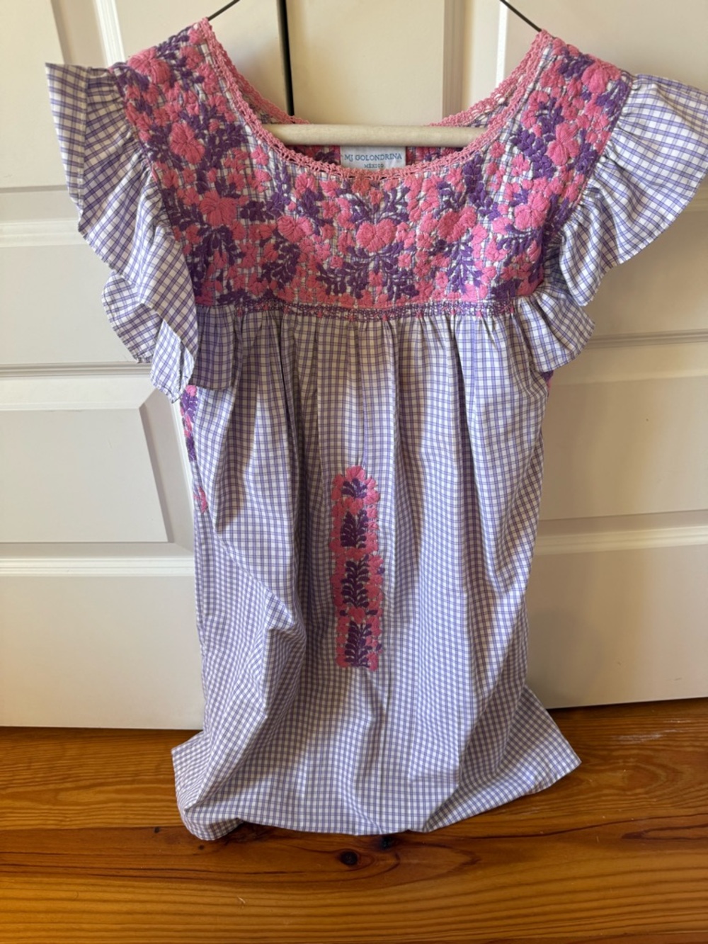 Mi Golondrina Lavender Gingham Mini Dress with Pink & Purple Embroidery